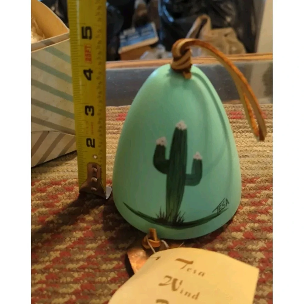 NWT Tesa Pottery Wind Bell/Chime-Hand Painted-Southwestern Cacti Brass Chime